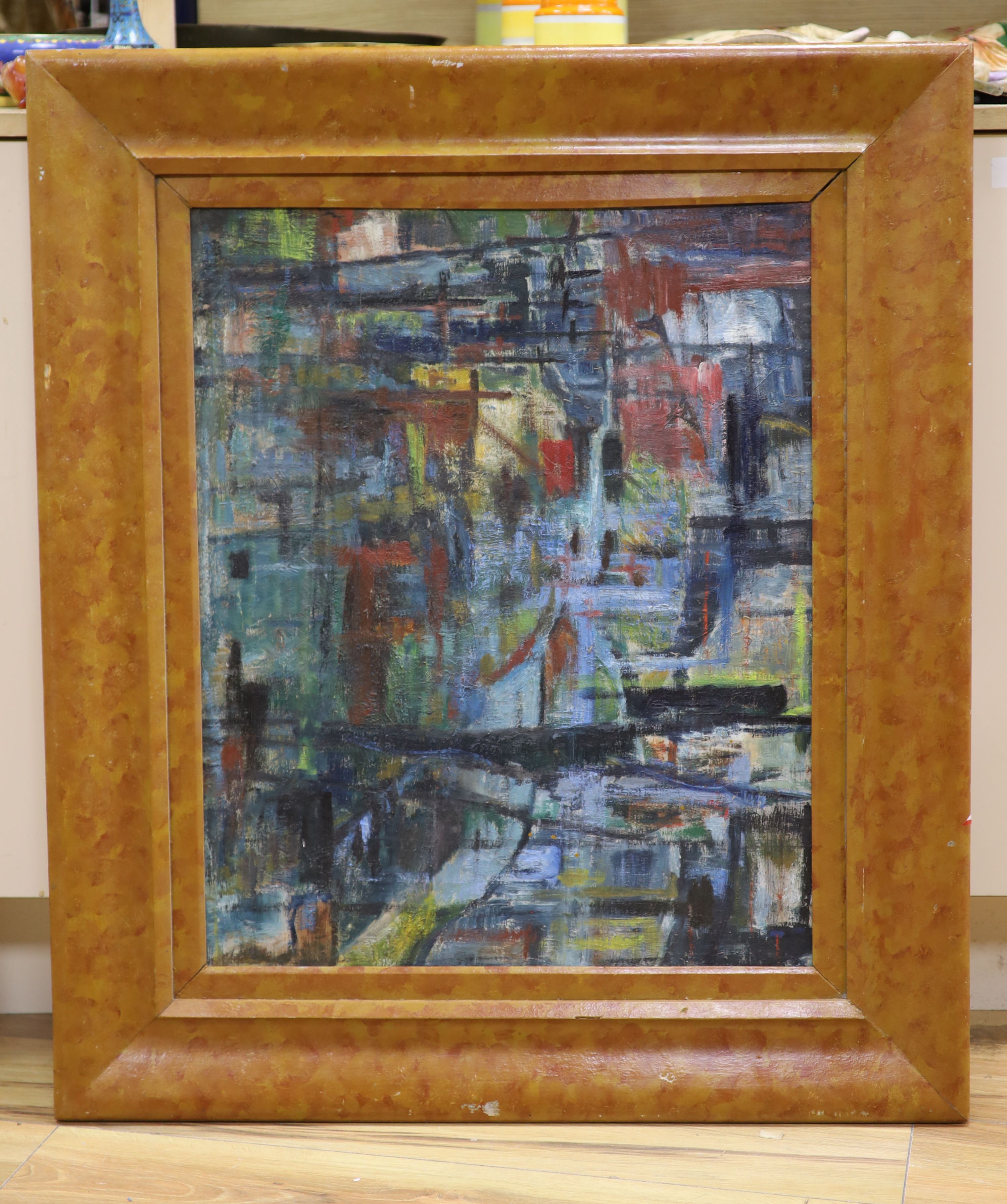 An early 20th century continental abstract composition, polychrome with crucifix motifs, indistinctly signed lower left, oil on canvas, 50 x 63 cm.